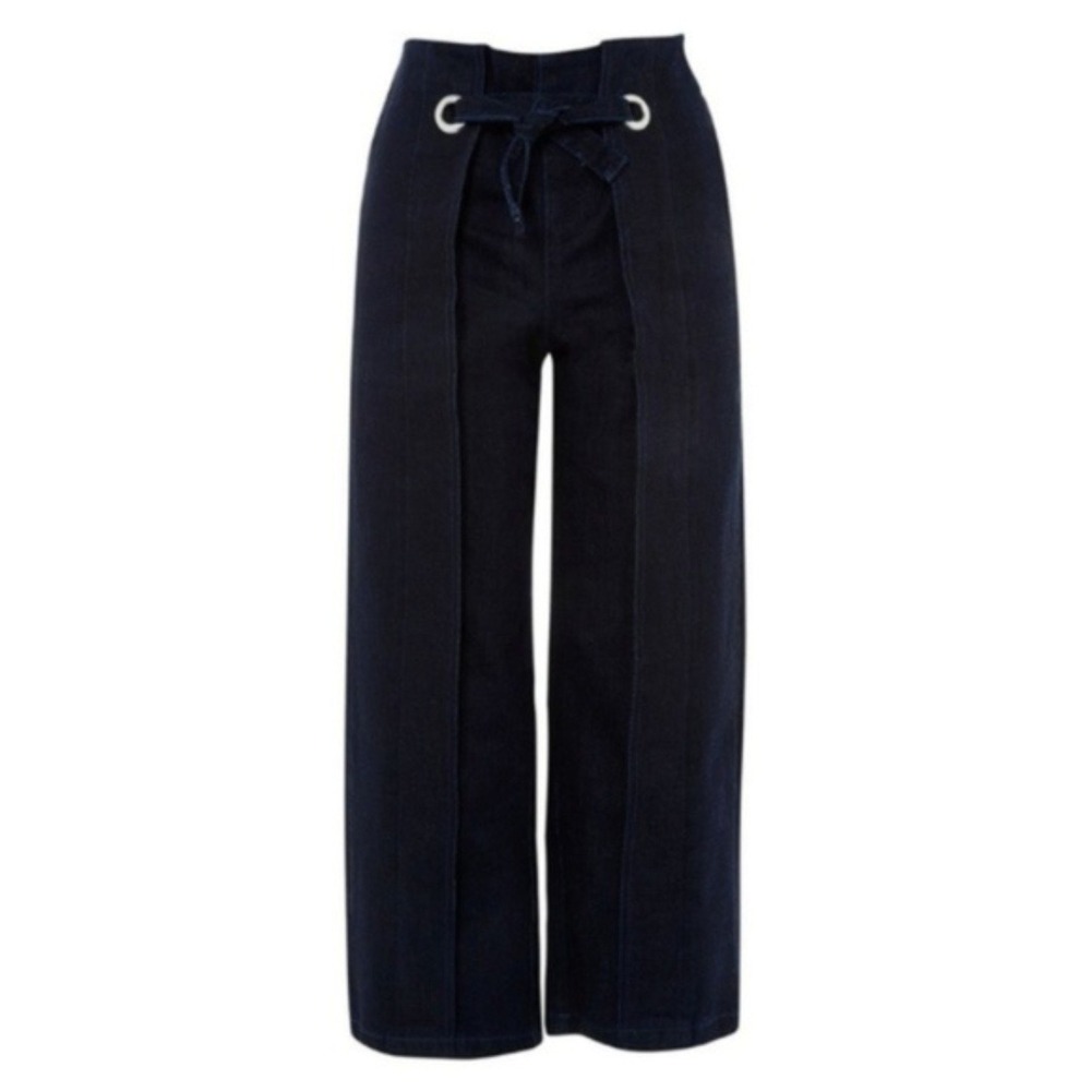 Topshop | 100% Cotton Wide Leg Ankle High Waisted Tie Denim Jeans Dark Wash Blue